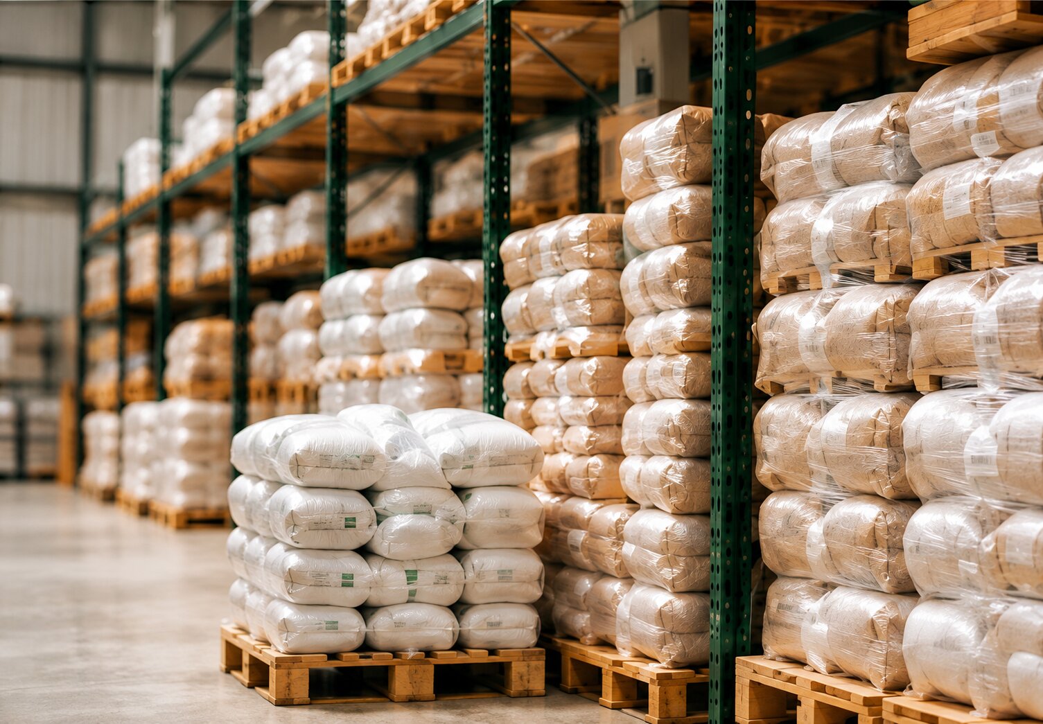 Warehouse shelves stocked with pallets of ingredient sacks