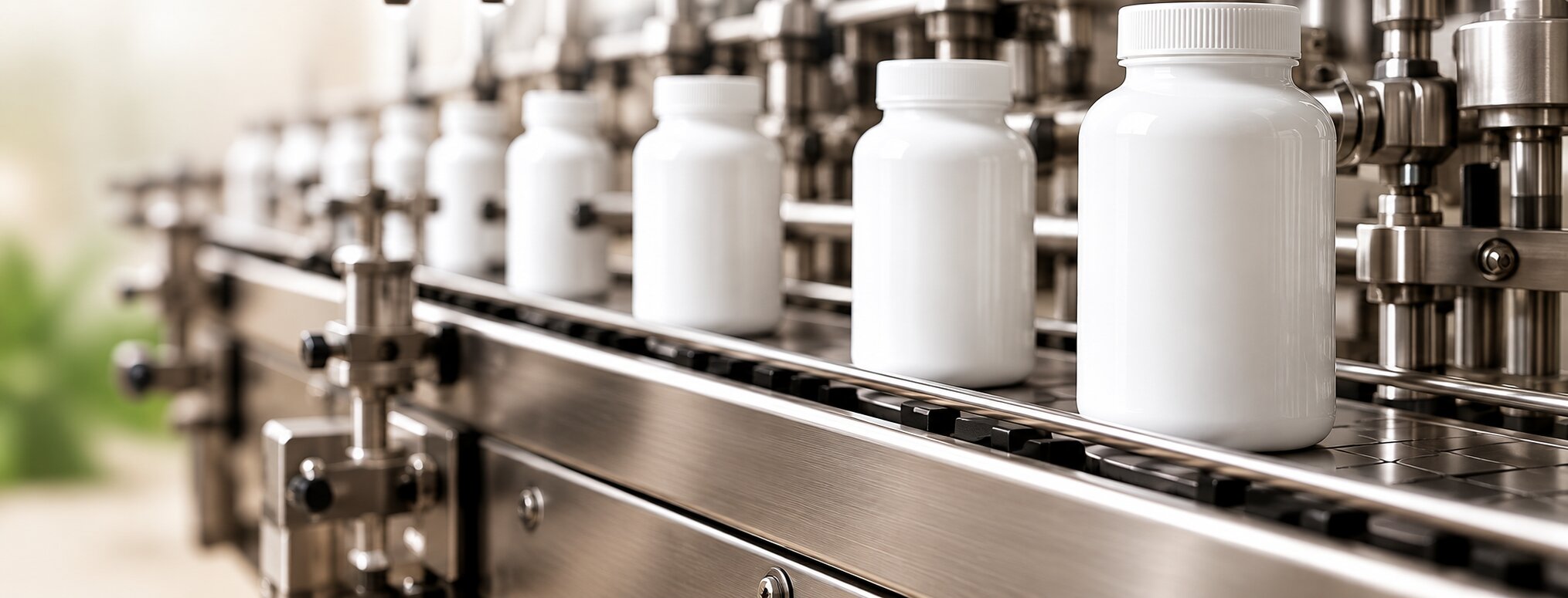 Supplement bottles on a production line