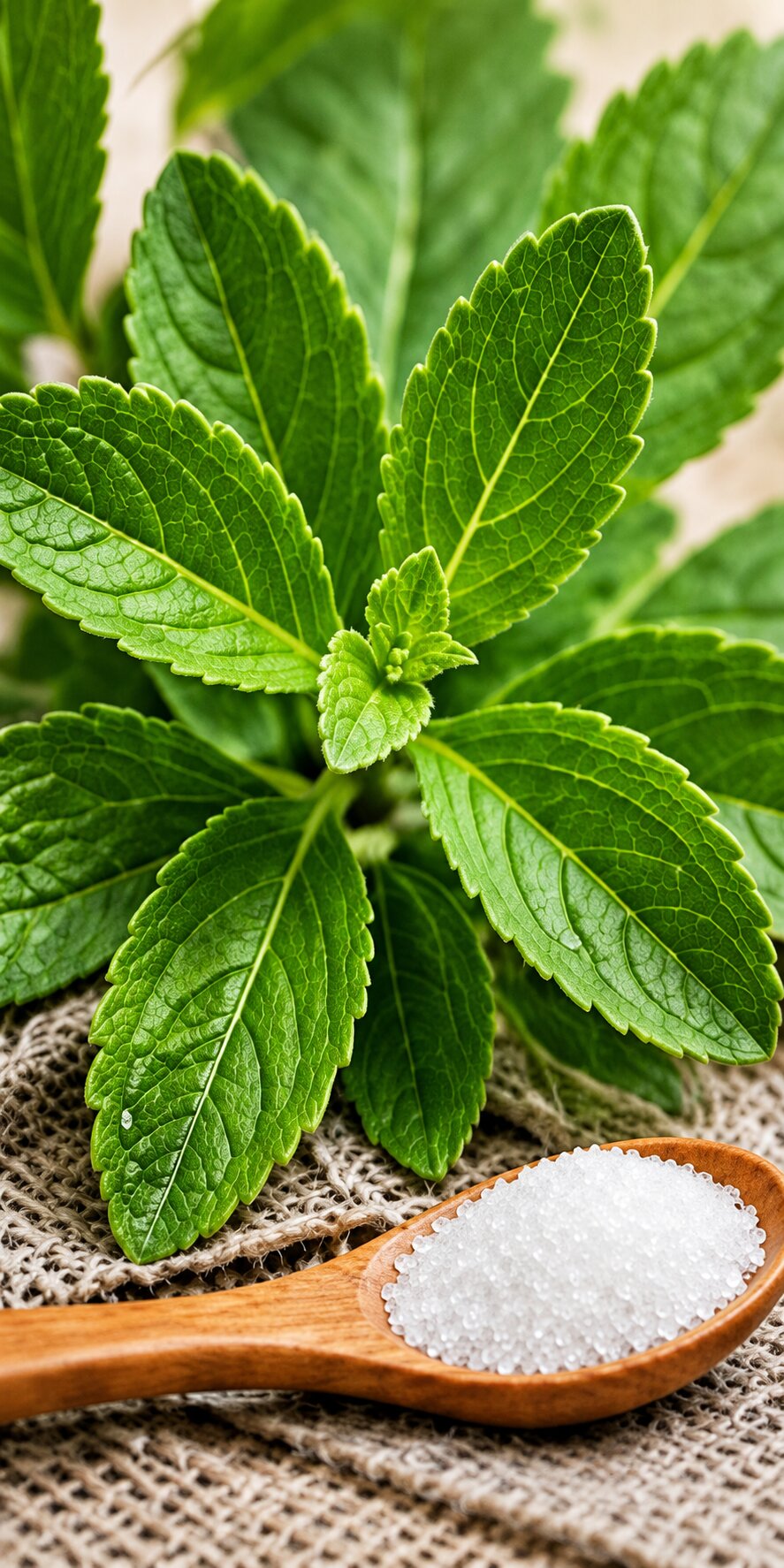 Fresh stevia leaves next to a wooden spoon of stevia sweetener